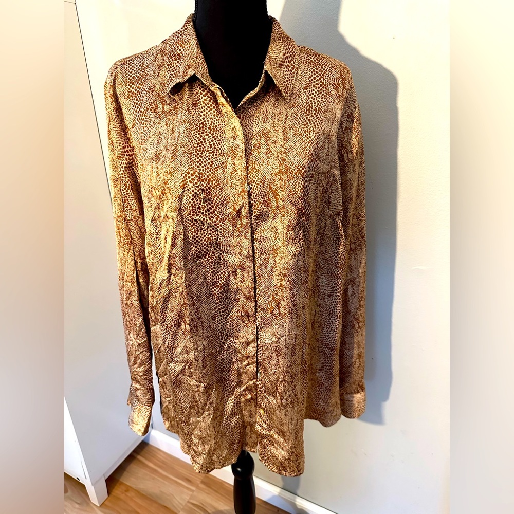 A new day. Snake print satin effect button up top with front pocket